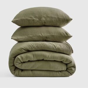 NWT QUINCE Organic Airy Gauze Dream Quilt Set Full/Queen Olive 4609